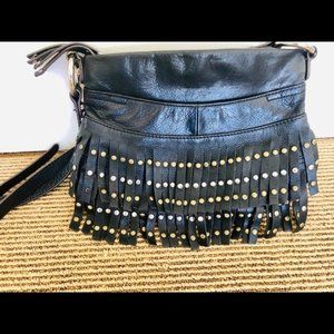 B. Makowsky Black Leather Fringed & Studs Crossbody